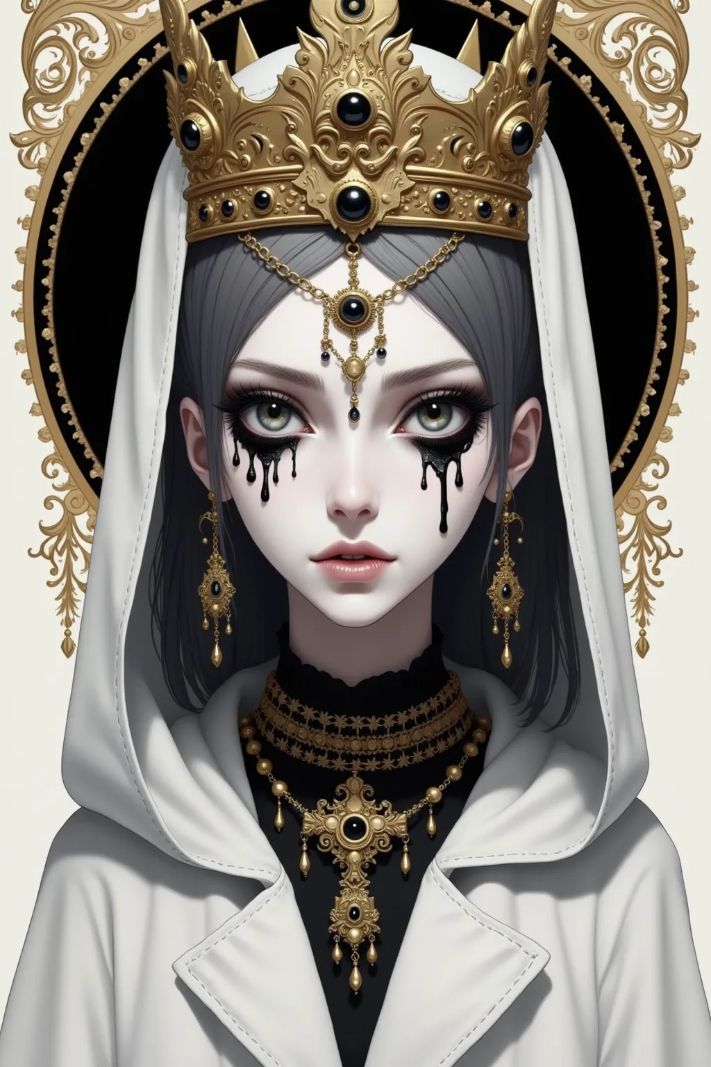  Draw me a woman , goddess, In anime style! She has two faces ,  with black eyes crying black tears,  Her skin is gray，It's like dying ,   She is wearing a white coat ，Wearing gold ornaments ,  A pointed crown embedded in her head! with serious expressions...