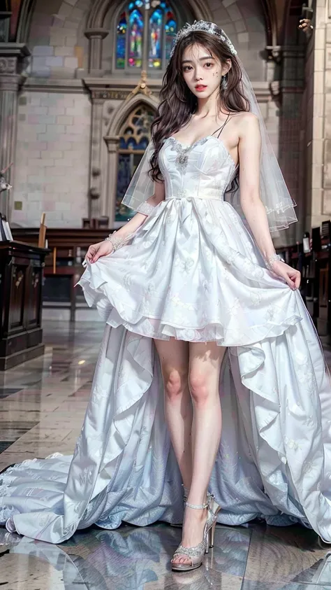 A beautiful young Japanese woman, 26 years old, with healthy thighs, beautiful legs, flawless skin, random hair color and style, large breasts, wearing a (wedding dress:1.3), (she is standing:1.2), full body shot, high heels, holding a bouquet in her hands...