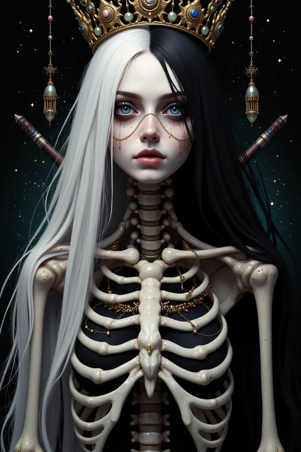   Create the cover of a book called Chiaroscuro，The book was created by a goddess carrying the light and darkness of the underground sky. Half white hair，half full body black hair，Skeletons everywhere

