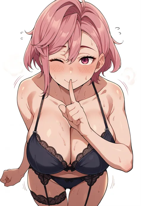 score_9, score_8_up, score_7_up, source_anime, aira shiratori, short hair, bangs, hair between eyes, pink hair, pink eyes, large breasts, smile, shushing, finger to mouth, index finger raised, blush, one eye closed,,, looking at viewer, solo,,, standing, n...