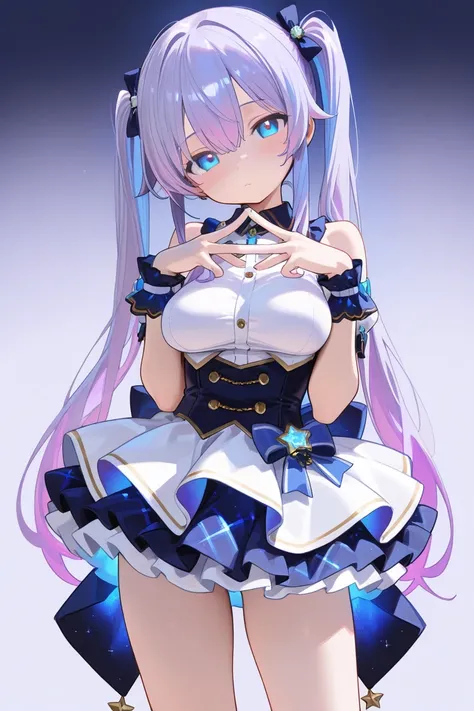 (Best quality, 4k, 8k, high resolution, masterpiece:1.2),1loli girl,delightful,happy、head tilt,(fingers together),(idol clothes),beautiful,cowboy shot, (),(),Large open legs,,(glowing purple hair:.1.5),deep blue hair,long hair,slim body、twintails、tareme,bl...