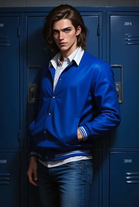 19 year old man, tall, defined, broad shoulders, medium length and disheveled brown hair, sharp jaw and blue eyes, his body is turned to the side but he looks straight ahead, he is wearing a royal blue school jacket with white and jeans, the background is ...