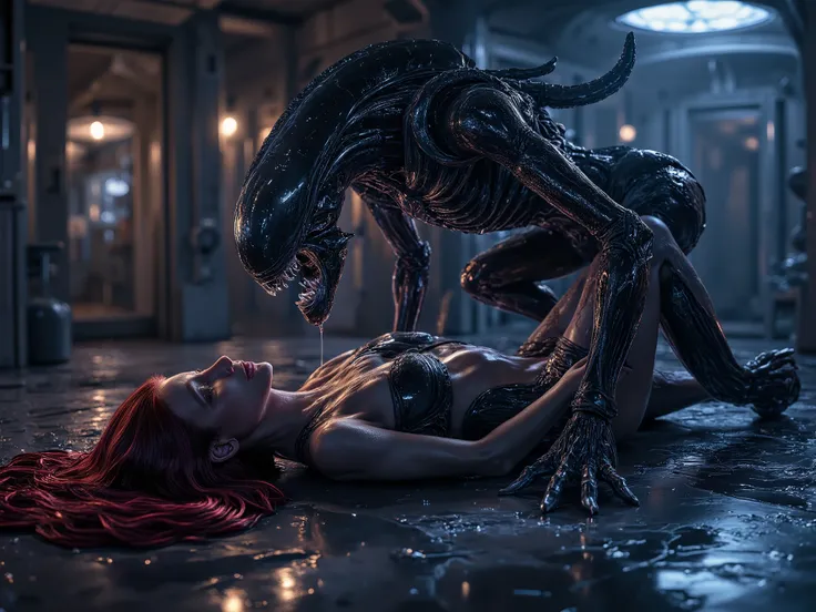 (best quality, 128k,highres,masterpiece:1.2),ultra-detailed,(realistic,photorealistic,photo-realistic:1.37), ((masterpiece)) ((photography)) ((Highest quality)) A futuristic sci-fi horror scene set in a dimly lit, high-tech spaceship interior. A terrifying...