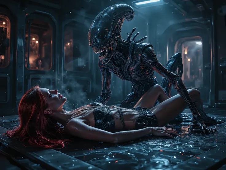 (best quality, 128k,highres,masterpiece:1.2),ultra-detailed,(realistic,photorealistic,photo-realistic:1.37), ((masterpiece)) ((photography)) ((Highest quality)) A futuristic sci-fi horror scene set in a dimly lit, high-tech spaceship interior. A terrifying...