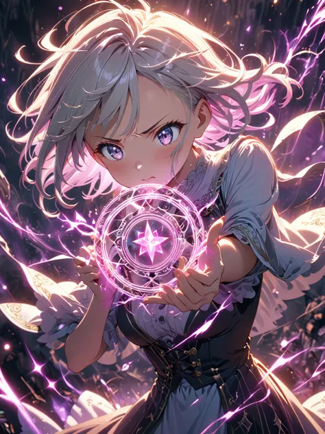 High resolution, best quality, anime, cute girl, alone, wand, drawing magic circle with wand, great magic, expression of power, fierce wind, 8k