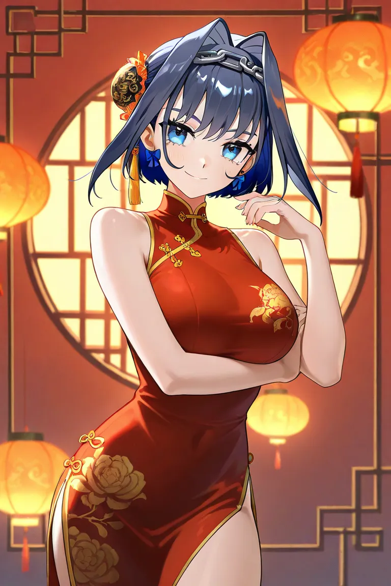 Ouro Kronii, solo, Short hair, chain hair ornament, Hair intake, large breasts, chain hair ornament, blue eyes, china dress, Chinese lanterns, smile