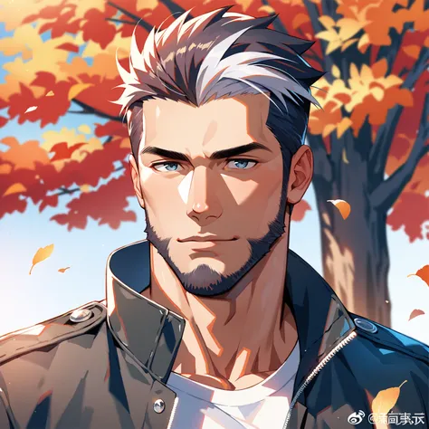 manly, autumn, trees with orange leaves background, tree background, young male, black beard, dyed hair, platinum hair, modern style, jacket and dark jeans, masterpiece, detailed face, manly, modern outfit, handsome male, eye focus, 25 years old, upper bod...