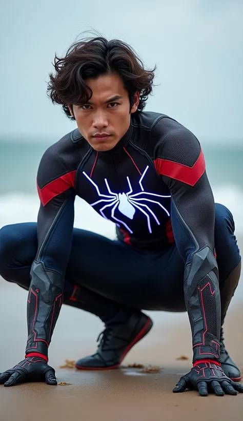 "A heroic Spider-Man asian cosplayer with curly dark brown hair crouches in an iconic superhero landing pose on a sandy beach, exuding power and confidence. His intense gaze, piercing eyes, and slightly furrowed brows add to the dramatic effect. His athlet...