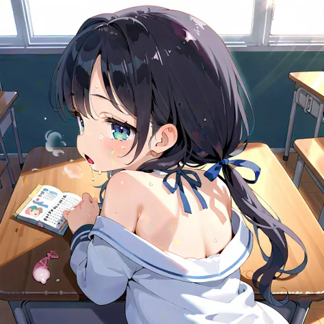 anime,source anime,illustration,(back shot:1.8),(from above:1.8),(upper body:1.8),(School,classroom,School desk, on the desk :1.4),( 1girl ,cute girl,solo,loli,Baby Face,round face:1.5),(low twintails,black hair, blue eyes,long hair,hair ribbon,very long h...