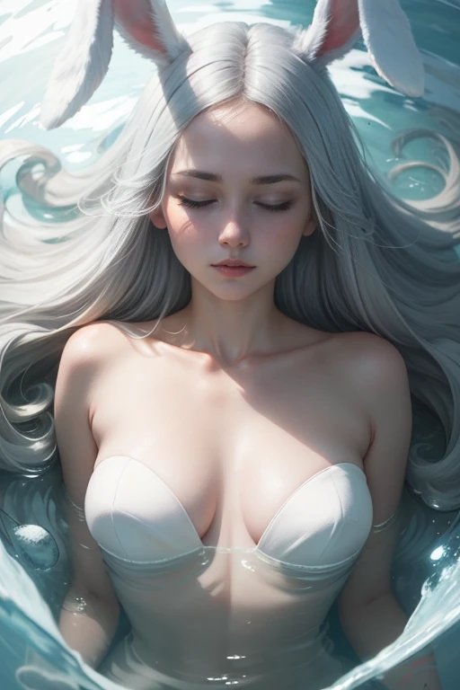 The young woman, rabbit ears naked, her whole body, pale silver hair, pale white skin glowing softly like ice, her eyes closed, floating, her body still encased in liquid inside the capsule.