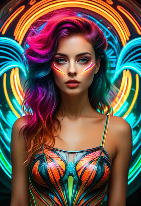 high quality, 8K Ultra HD, Surreal portrait of a stunning woman.
Real exposure, Beautiful woman, Use double exposure style, Neon Art Nouveau, Long-term contact, Italian futurism, Hidden Objects Pictures, Layered lines, Neon Punk, Chiaroscuro, best quality,...