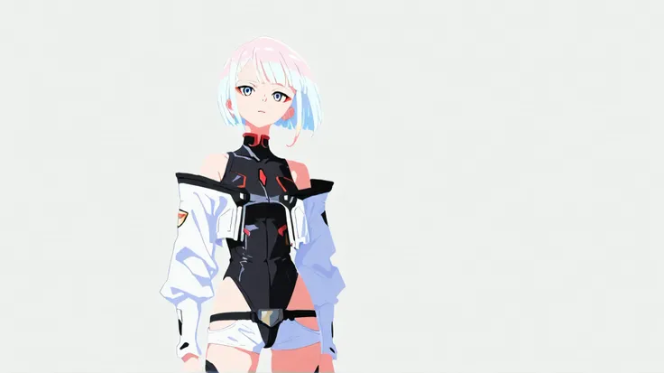 no lineart,no outline, Lucy, 1girl, off-shoulder jacket, leotard, bare shoulders, short hair, bangs, cropped jacket, open jacket, off shoulder, open clothes, multicolored hair, red eyeliner, white hair, cowboy shot . luc13dg3runn3r, 1girl, multicolored hai...