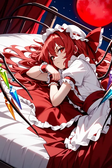  detailed depiction of up to the front door、((Flandre Scarlet from Touhou Project))、((( Flandor Scarlet)))、(((Red maid outfit)))、  red eyes、(((I can see the red moon from my room)))、(((White nightcap )))、(((I'm lying on my side on my bed in the Crimson Dem...