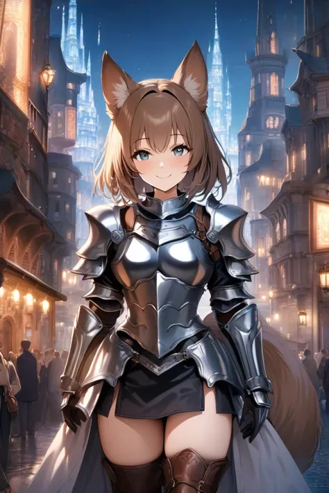  top quality,  masterpiece,   nothing , 8k, ( 1 girl ),  alone, (((cowboy shot))),   brown shorthair , Beautiful Girl with Dog Ears, old fantasy cityscape,   droopy eyes  , (((smile))),  Plate Armor ,  LEATHER KNEE HIGH BOOTS , miniskirt,   absolute domain...