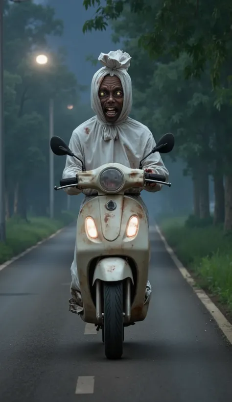Create a digital illustration of an Indonesian 'pocong' ghost riding a sleek, modern automatic scooter. The pocong should be wrapped in its traditional white shroud, with only its face partially visible, exuding an eerie yet humorous vibe. The background s...