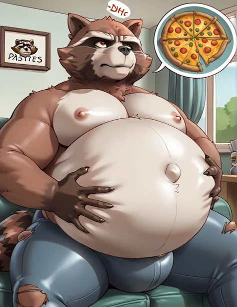 Nsfw, anthro daddy, Rocket Raccoon, male, brown fur color, yellow eyes, inflating, inflation, hyper belly, bulge, Living room background, sitting in recliner, pizza, fast food wrappers, close up, frontview, kokuhane artstyle, bigger belly, inner belly butt...