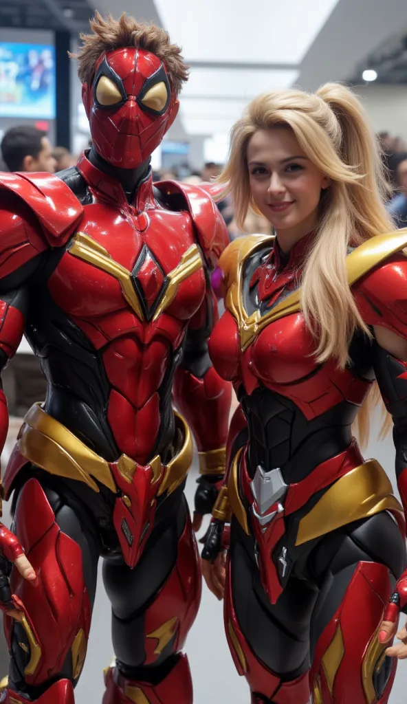 character: 1 Man With a Spiderman mask covering the entire head and 1 young woman blonde hair.
action: standing, Body position facing straight ahead. Looking into the camera.

Expression : smiling.

Costume : they Wearing futuristic Light red Spiderman arm...