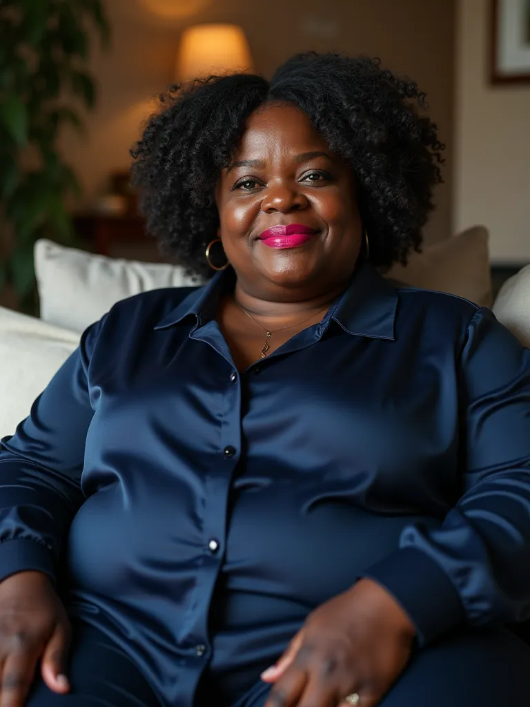 ultra: realistic: photography, epic photo of a volumptous old black Woman: full body: with pink glossy lips ,big breast, wearing dark blue blouse on the sofa 