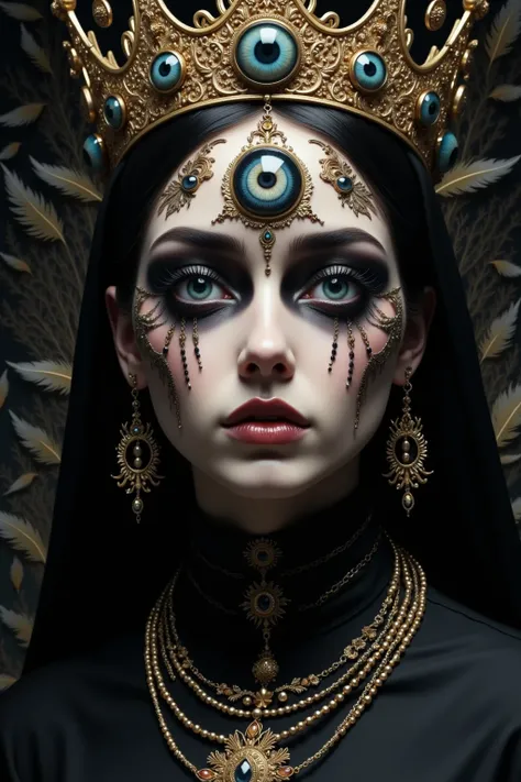 ( masterpiece,  best quality :1.2), The Three Eyed Witch，crown，Face decoration，Chain，dark lips，feather