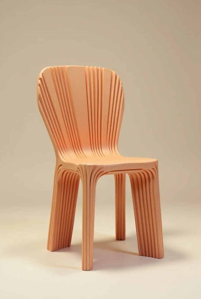 Create image of a cafe chair inspired by flowers , designed from small wooden boards , smooth form with no sharp edges. It is comfortable for the user, practical, and realistic for production. characterized by simplicity, and easy to clean. Realistic, simp...