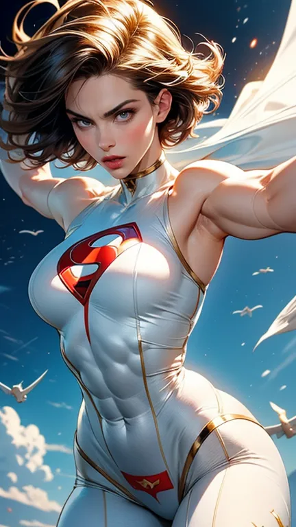 A power girl in a tight white costume, beautiful detailed eyes, beautiful detailed lips, short blond hair, extremely detailed face and body, superhero, flying, dynamic pose, muscular, heroic, glowing aura, 