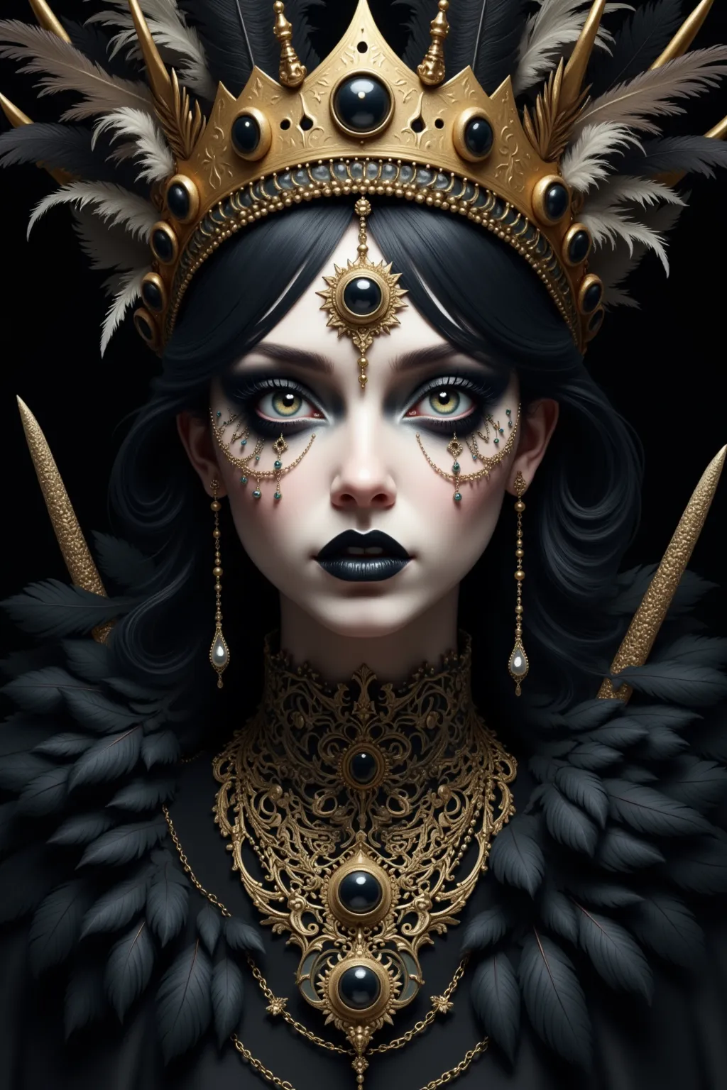 ( masterpiece,  best quality :1.2), The Three Eyed Witch，crown，Face decoration，Chain，dark lips，feather