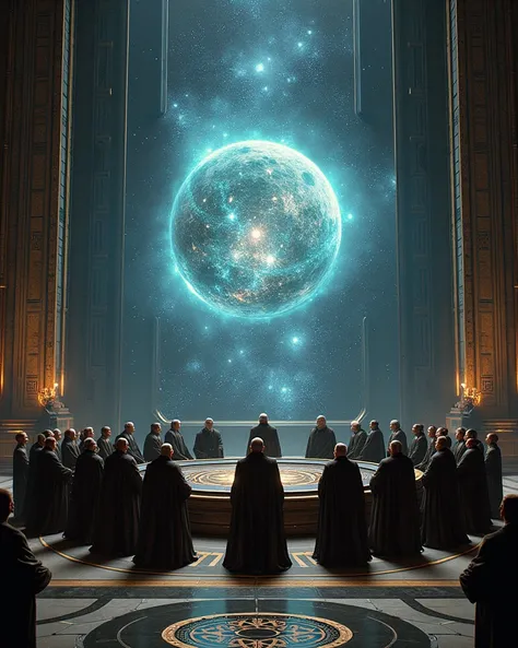 the council of elders of the oldest civilization in the universe convenes in the throne room of the interstellar civilizations union, standing around the unimaginable hologram of the whole universe