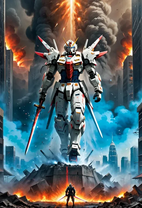 A dramatic yaoi-style illustration featuring a powerful, battle-worn Gundam Barbatos standing amidst a war-torn city. The background is engulfed in chaos, with towering skyscrapers crumbling, fire raging, and thick dust filling the air. The mech holds a ma...