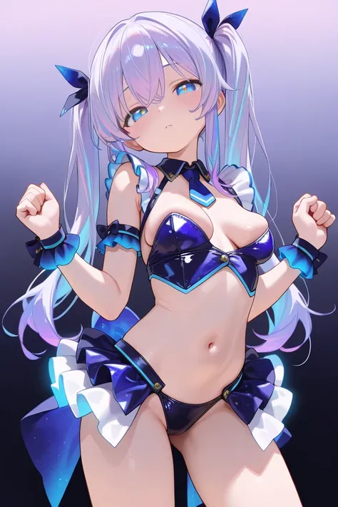 (Best quality, 4k, 8k, high resolution, masterpiece:1.2),1loli girl,delightful,happy、head tilt,(w arms,clenched hands),(idol clothes),beautiful,cowboy shot, (),(),Large open legs,,(glowing purple hair:.1.5),deep blue hair,long hair,slim body、twintails、tare...