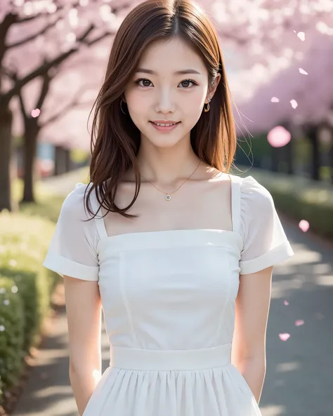  Masterpiece,  best quality,  super high resolution, (as real as in the picture:1.4), (( portrait of a Japanese high school girl , solo)), ( standing with a smile),  simple white dress , (background：Riverside, Cherry blossom trees,  fluttering cherry bloss...