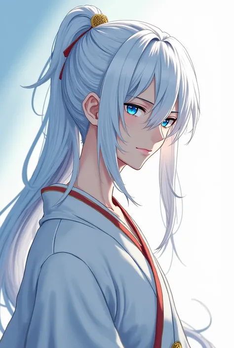  A Man,  with white hair,  long hair,  straight hair,  fringe on the face, a half ponytail, beautiful,  blue eyes, wearing a white kimono with gold details,  Japanese anime .