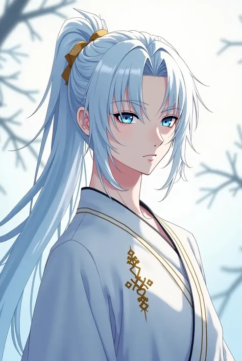  A Man,  with white hair,  long hair,  straight hair,  fringe on the face, a half ponytail, beautiful,  blue eyes, wearing a white kimono with gold details,  Japanese anime .