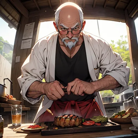 master roshi in kamehoude making a grill, anime style, very colorful