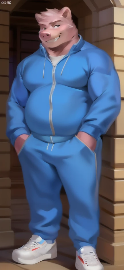 Solo, male Tall​ ,huge​ body​,​ standing​ ,den , Pink bear pig,blue Tracksuit soldier , Wear combat shoes, overweight, muscular, Smirking ​, by chunie