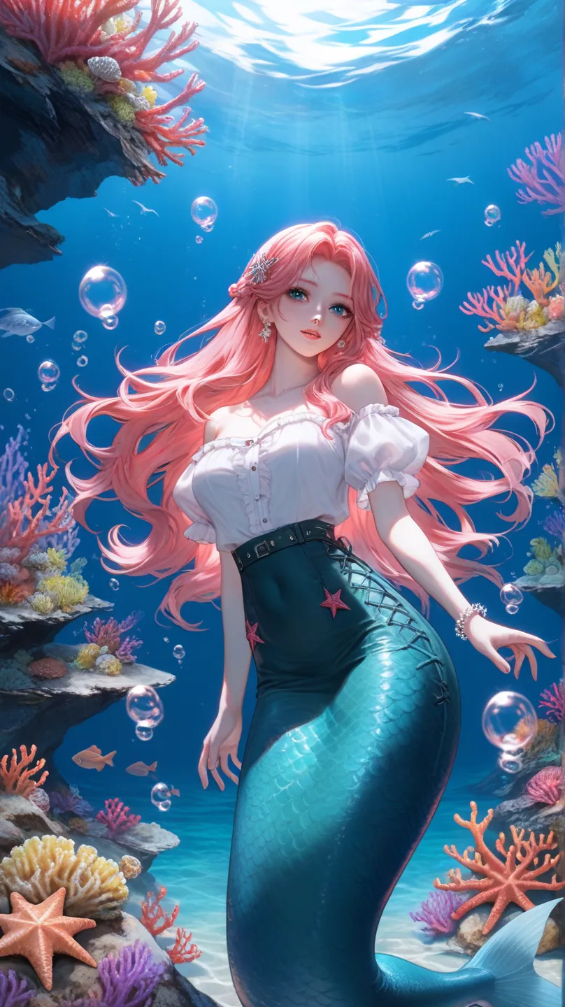 4k , 8k , (only 1 female mermaid) , long hair style , under the sea lanscape environment , novel , manhwa , very details , good focus , hair details , very anime eyes detais , ร่างกายสมส่วน , anime eyes , good figured , lots of bubbles , starfish , coral