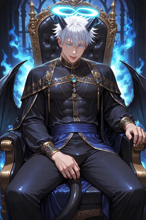 1boy, male focus, gojou satoru, jujutsu kaisen, short hair, hair between eyes, blue eyes, muscular, handsome, sexy man, mature male, cool, demon, incubus, ((horns)), low wings, tail, infinity symbol shaped angel halo, blue glowing halo, black sexy clothing...