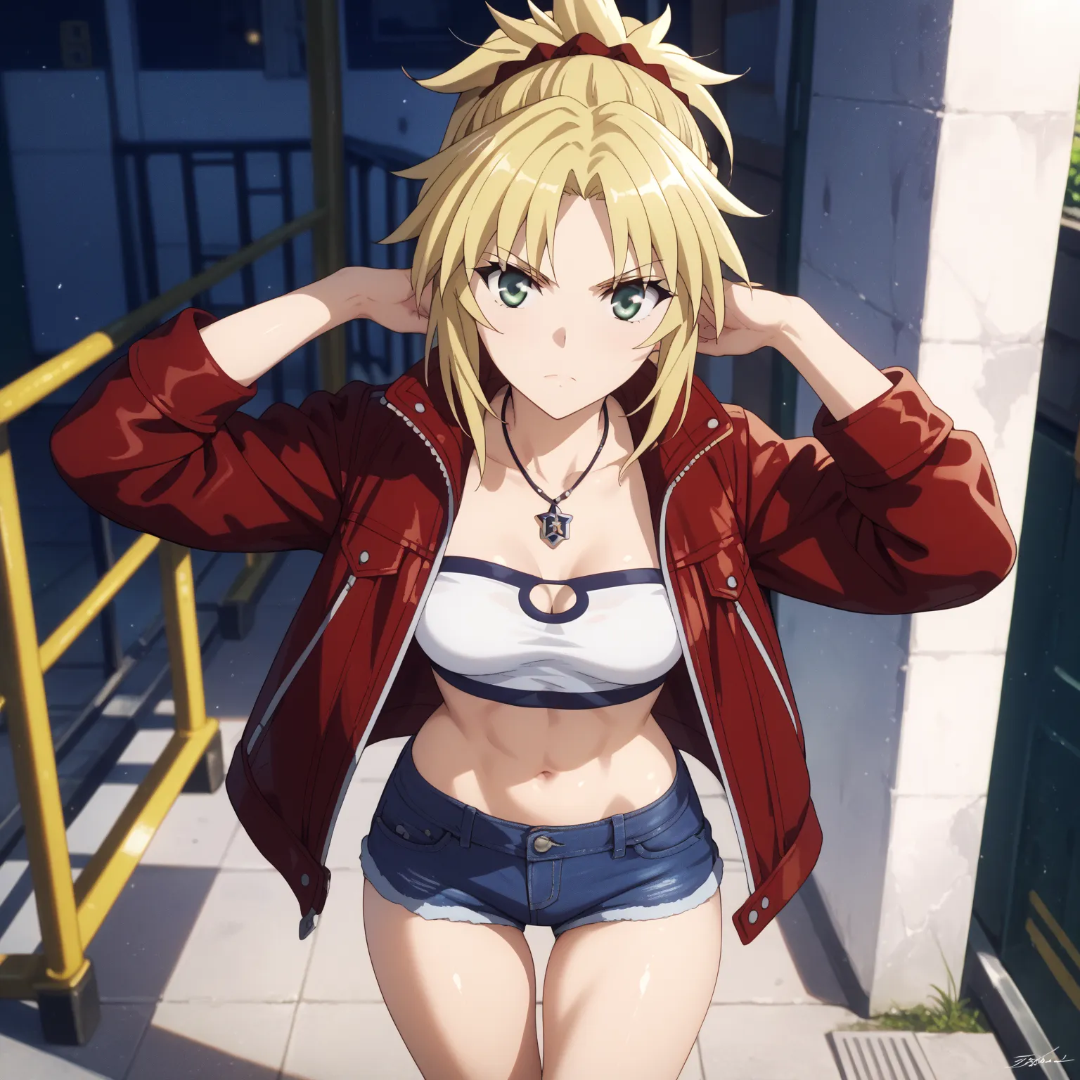 mordred, green eyes, blonde hair, ponytail, short hair, scrunchie, red scrunchie, hair scrunchie, medium breasts, denim, denim shorts, jacket, jewelry, midriff, navel, necklace, red jacket, short shorts, shorts, tube top, white top, thigh gap, glossy skin,...