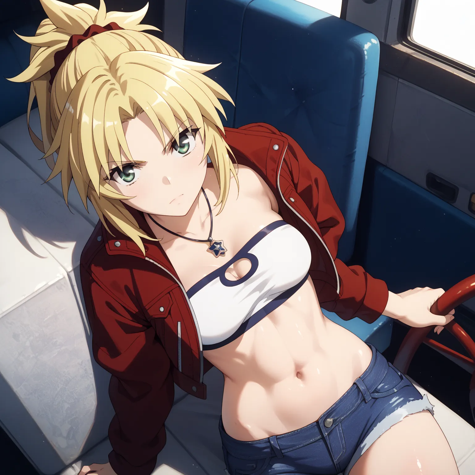 mordred, green eyes, blonde hair, ponytail, short hair, scrunchie, red scrunchie, hair scrunchie, medium breasts, denim, denim shorts, jacket, jewelry, midriff, navel, necklace, red jacket, short shorts, shorts, tube top, white top, thigh gap, glossy skin,...