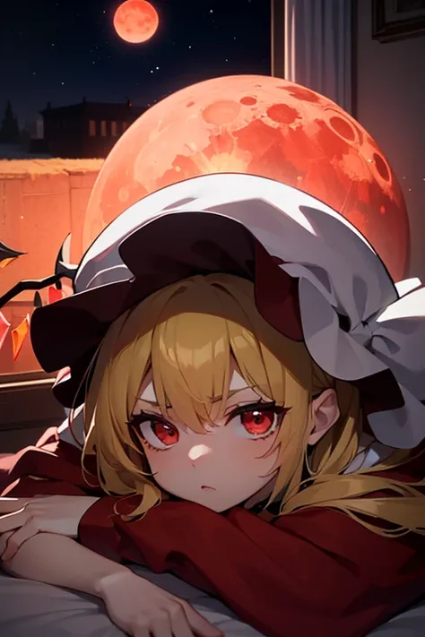  detailed depiction of up to the front door、((Flandre Scarlet from Touhou Project))、((( Flandor Scarlet)))、(((Red maid outfit)))、  red eyes、(((I can see the red moon from my room)))、(((White nightcap )))、((((The inside of the room is dark and only Flandor'...