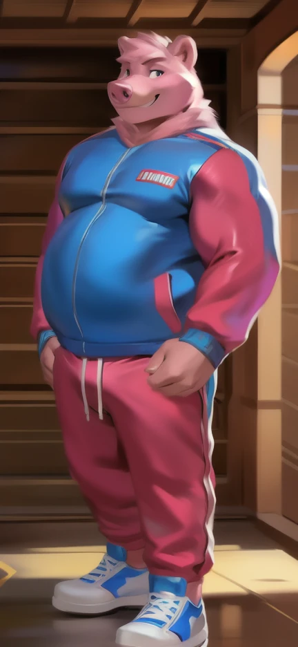 Solo, male Tall​ ,huge​ body​,​ standing​ ,den , Pink bear pig,pink Tracksuit soldier , Wear combat shoes, overweight, muscular, Smirking ​, by chunie