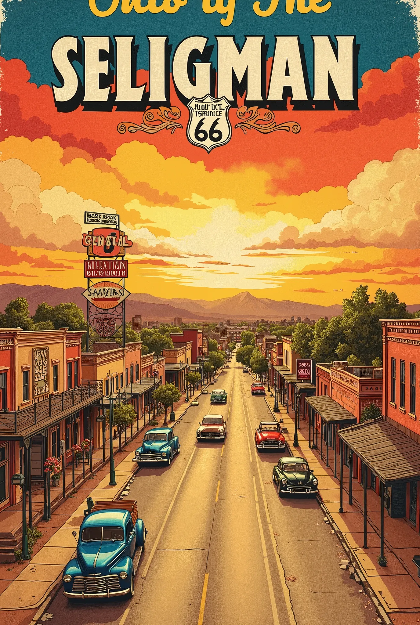  poster style、Sepia、USA Route 66, Serigman, Little Streetscapes, sunset、Old Classic Cars、Road trip,　Old Motels、Old Hotel Neon Signs、