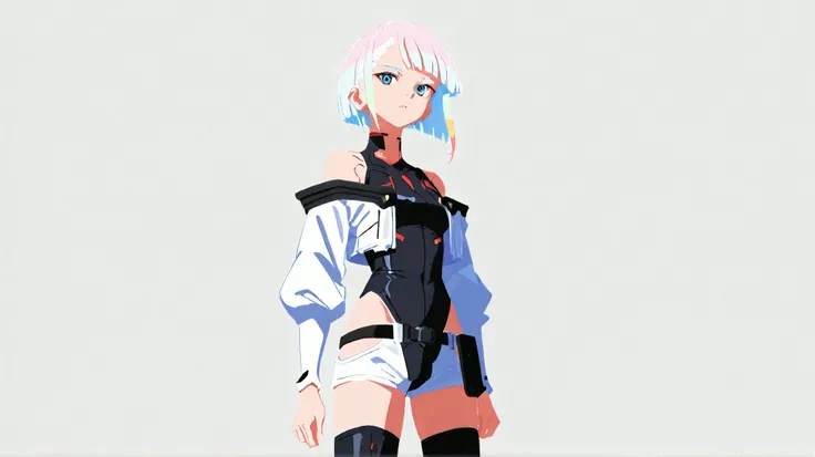 no lineart,no outline, Lucy, 1girl, off-shoulder jacket, leotard, bare shoulders, short hair, bangs, cropped jacket, open jacket, off shoulder, open clothes, multicolored hair, red eyeliner, white hair, cowboy shot . luc13dg3runn3r, 1girl, multicolored hai...