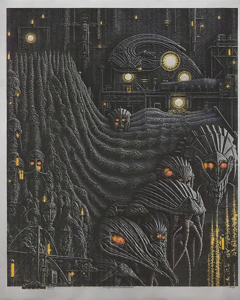 Please reproduce the original image as accurately as possible, capturing the intricate details of the biomechanical structures, the dramatic lighting, and the overall sense of unease. Find and enhance depiction of Giger's demons and creatures.(best quality...