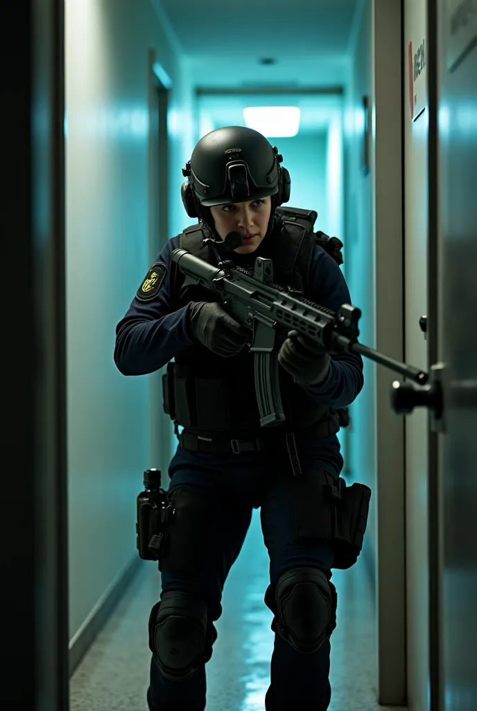 A heavily armed SWAT female officer is performing a dynamic entry into a dimly lit room, aiming a compact submachine gun. The scene is viewed from inside the room, creating an intense first-person perspective. She wears a black tactical helmet with a visor...