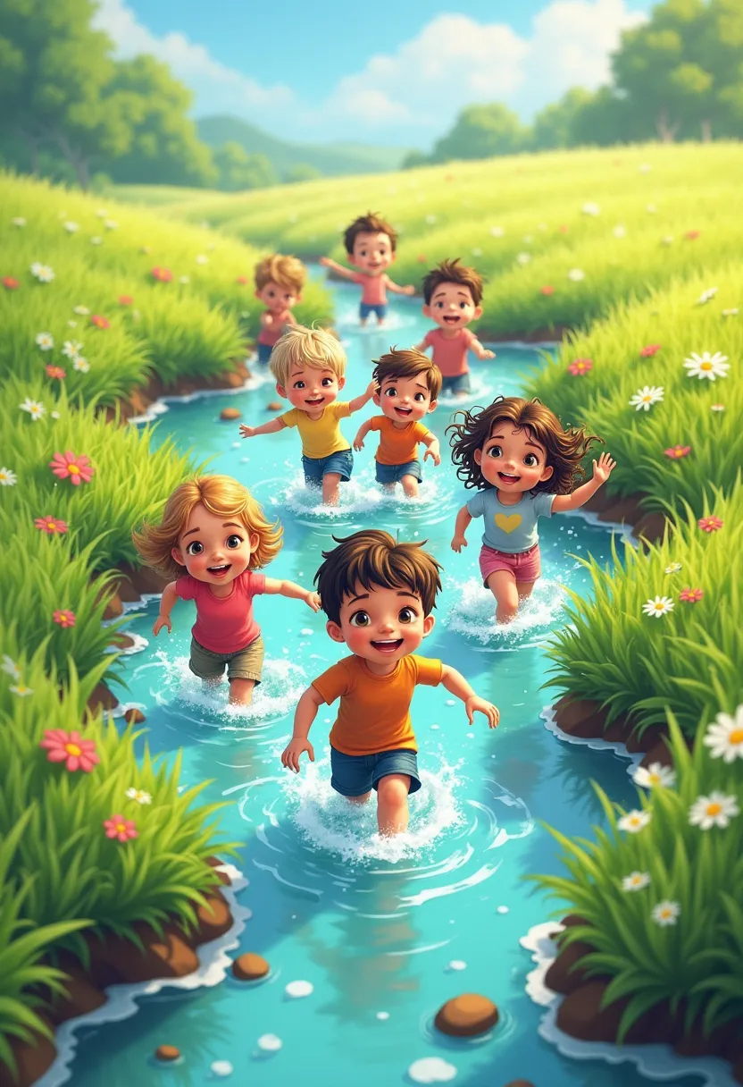 A group of young ren playing in a water-filled grass field