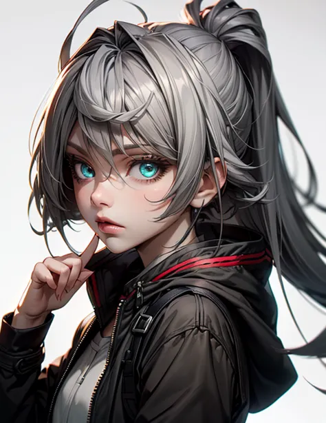 (masutepiece:1.2, Best Quality), 1 girl in, Turquoise eyes, front facing, jet-black hair, Jacket,(Gray white background:1.7),finger frame, accurate length fingers ,