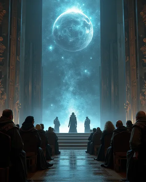 the elders representatives of the primeval civilization species of the universe convenes in the assembly hall of the interstellar civilizations union, standing around the holographic projection of the entire universe