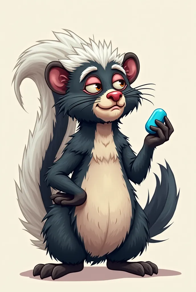 Old skunk with a blue tablet pill in his hand animated