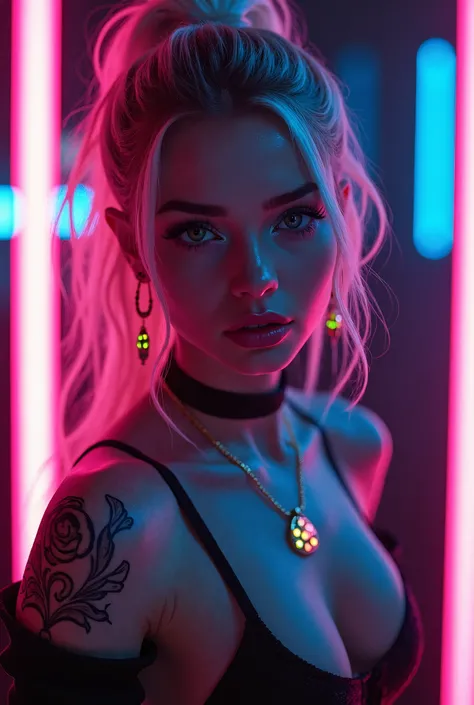 a beautiful young girl, cybergoth style, sensual pose, party outfit, detailed facial features, intricate makeup, neon lights,   glowing neon accents, cinematic lighting, hyper-realistic, 8k, full body, photorealistic, masterpiece, award-winning digital art