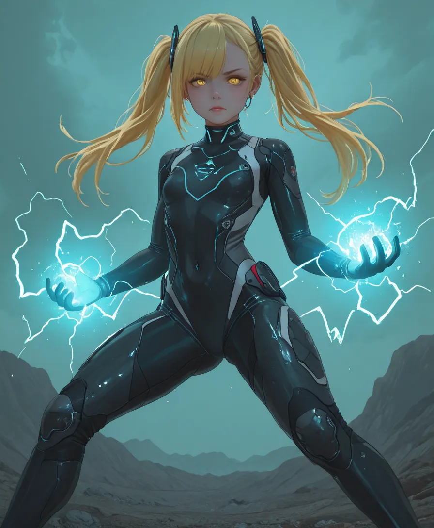 Amidst a stormy night, with lightning crackling across a dark and ominous sky, stands the formidable Thunder Ranger—a fierce yet youthful warrior. Her delicate, loli-like face contrasts with her intense presence, her piercing eyes reflecting the electric f...